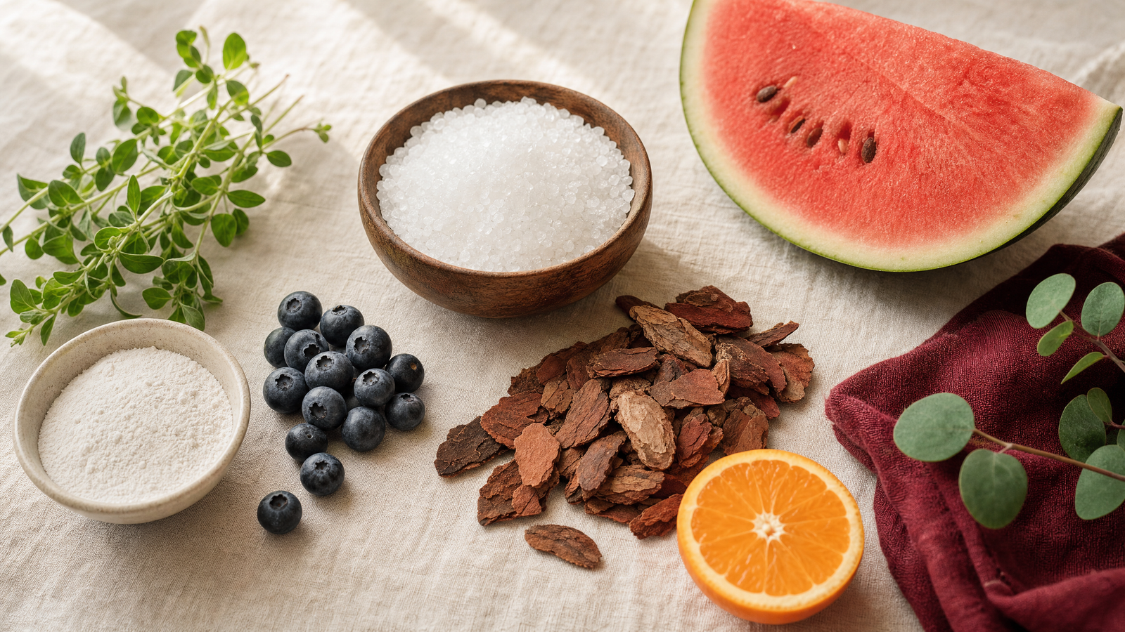 Boostaro natural ingredient flat lay — L-citrulline, watermelon, pine bark and blueberries.