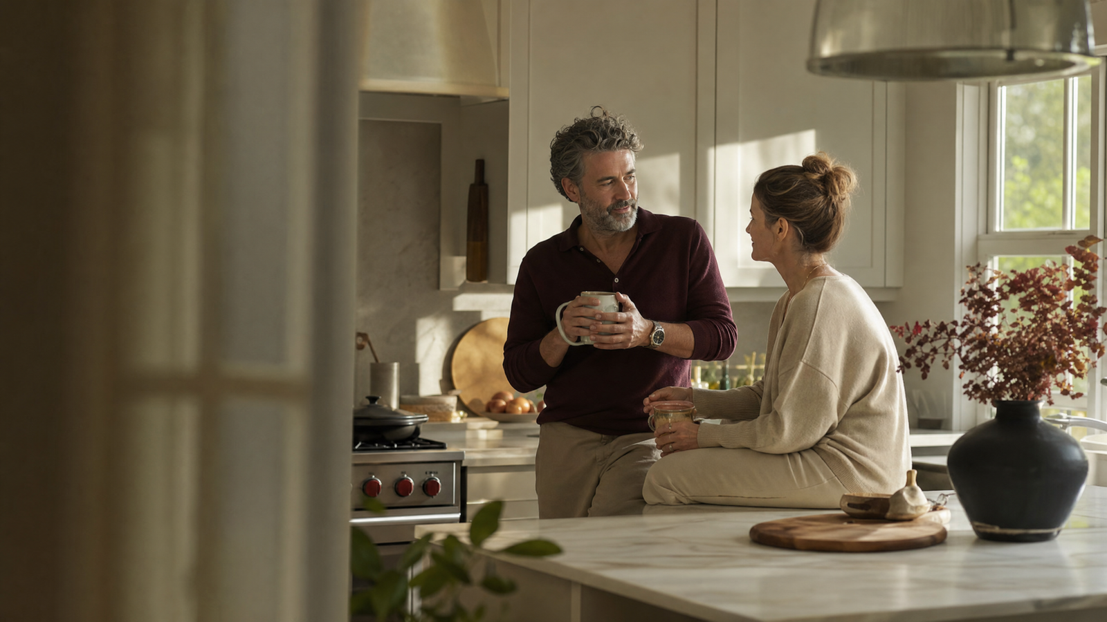 A man in his 50s sharing a quiet, confident morning at home with his partner.
